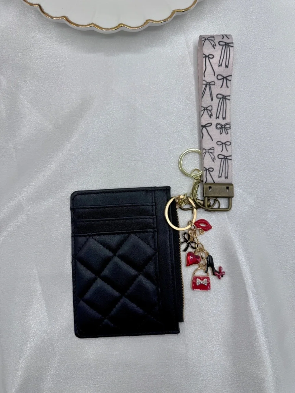 Black Quilted Card Holder Wallet Keychain Wristlet Charm Set